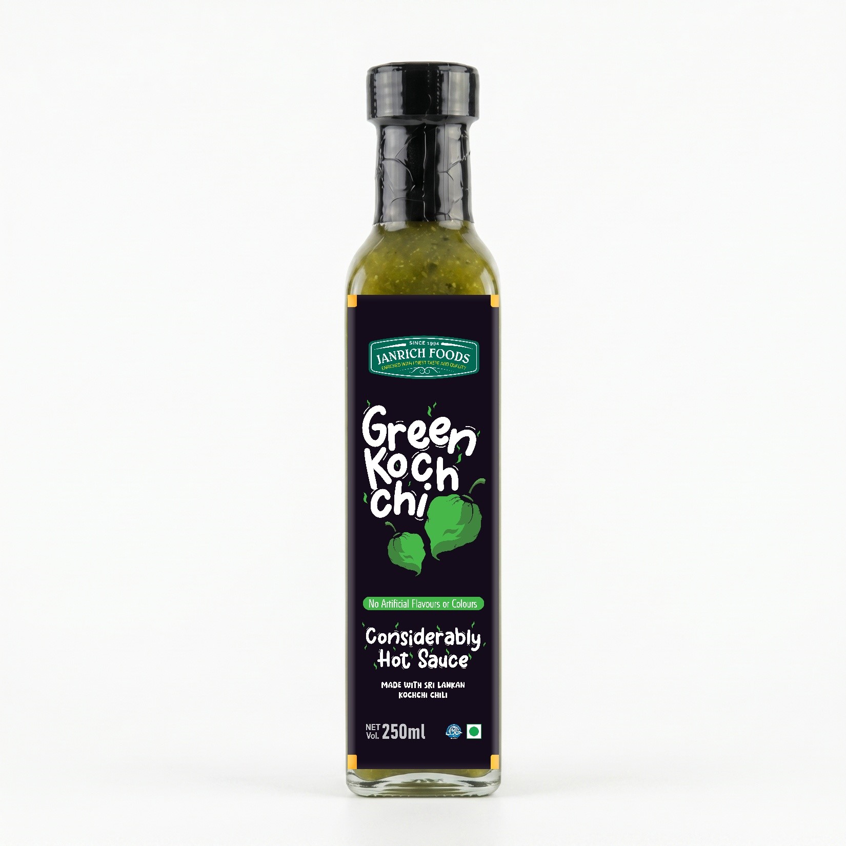 Green Kochchi Hot Sauce 250ml glass bottle — considerably hot Sri Lankan green Scotch Bonnet chili sauce