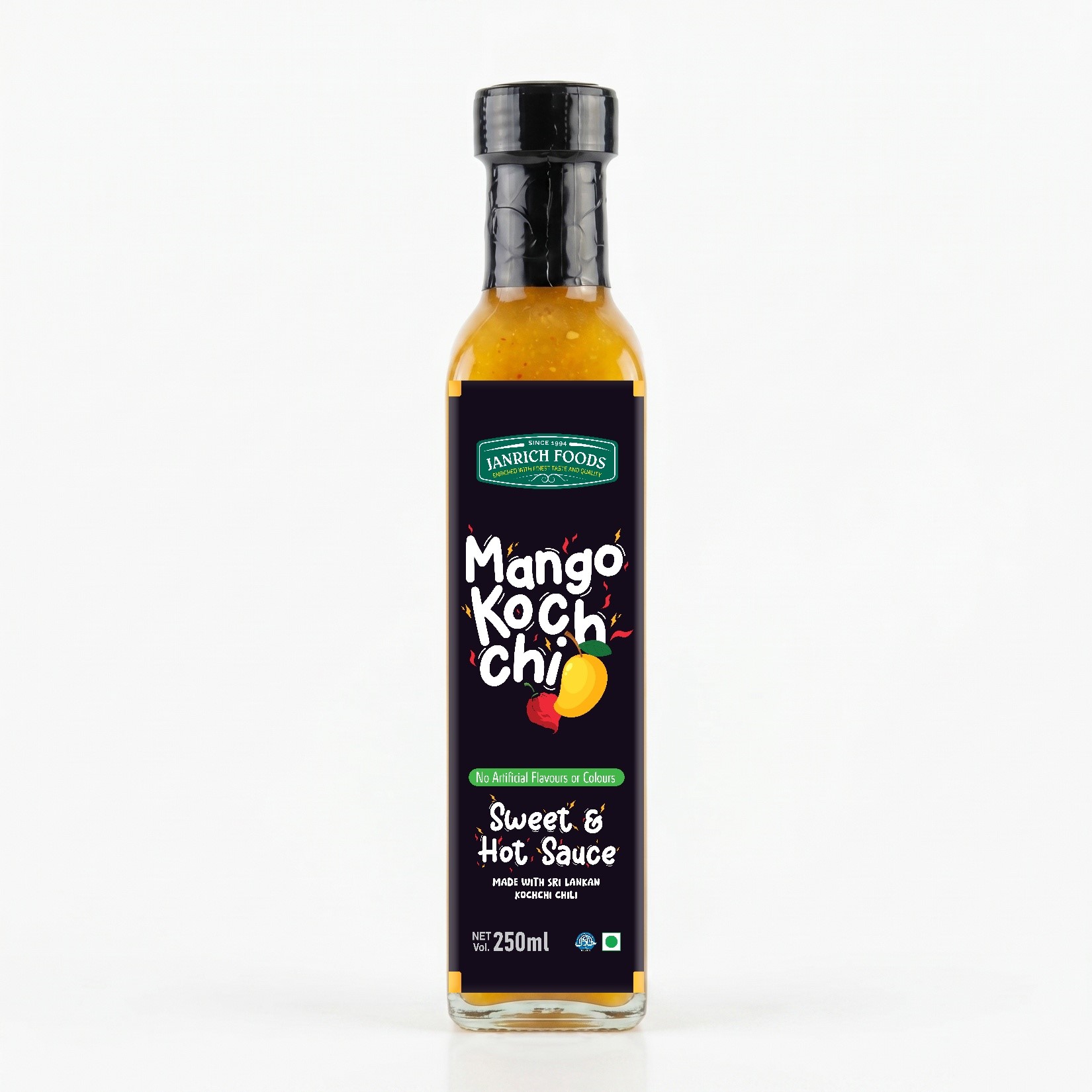 Mango Kochchi Hot Sauce 250ml glass bottle — sweet and hot Sri Lankan mango Scotch Bonnet chili sauce