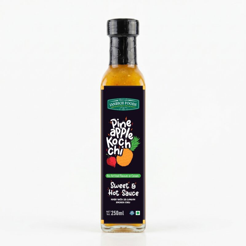 Pineapple Kochchi Hot Sauce 250ml glass bottle — sweet and hot Sri Lankan pineapple Scotch Bonnet chili sauce