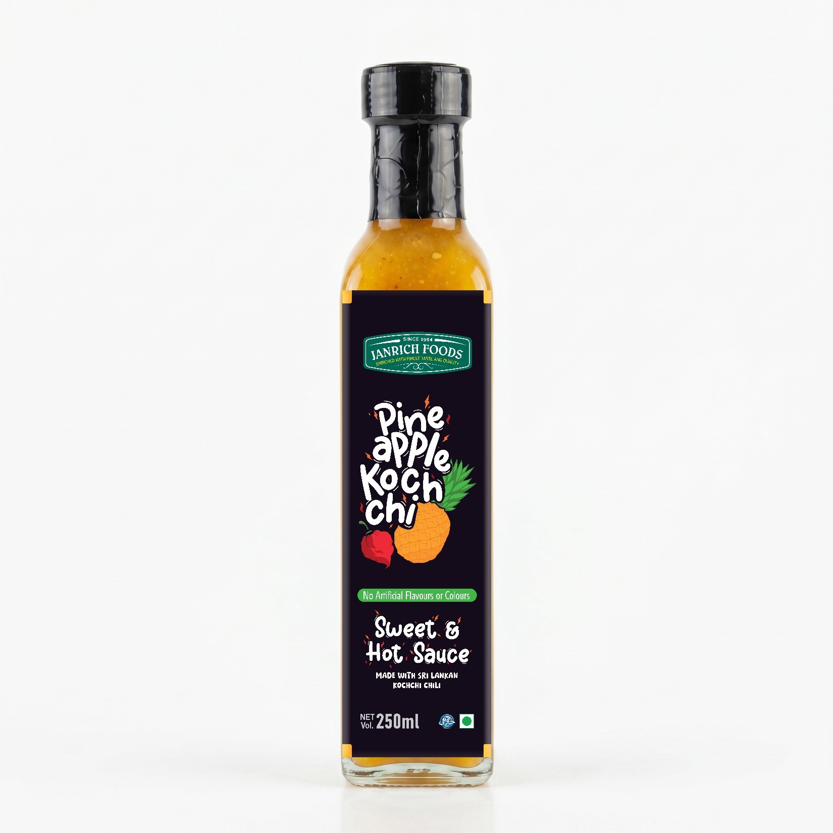 Pineapple Kochchi Hot Sauce 250ml glass bottle — sweet and hot Sri Lankan pineapple Scotch Bonnet chili sauce