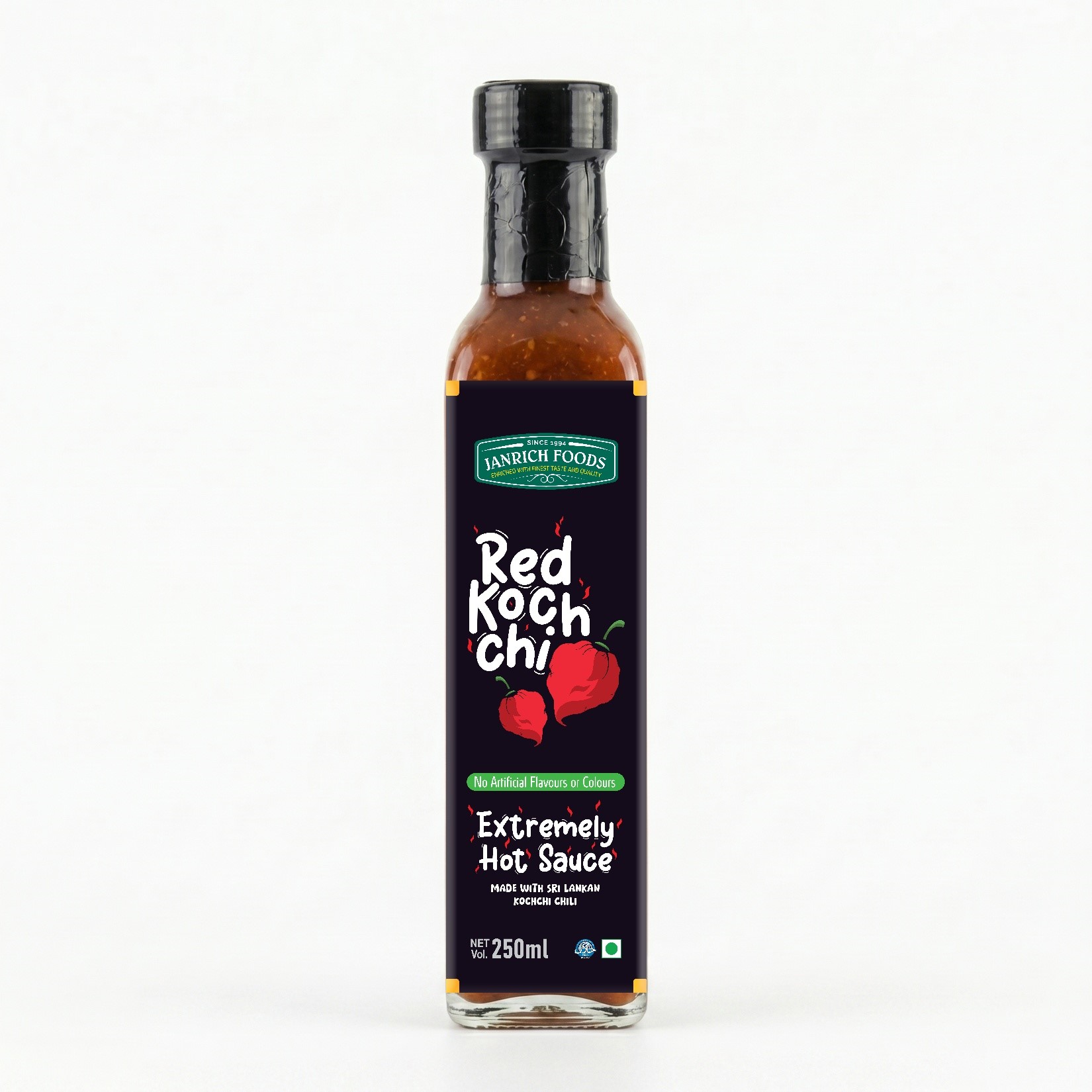 Red Kochchi Hot Sauce 250ml glass bottle — extremely hot Sri Lankan Scotch Bonnet chili sauce